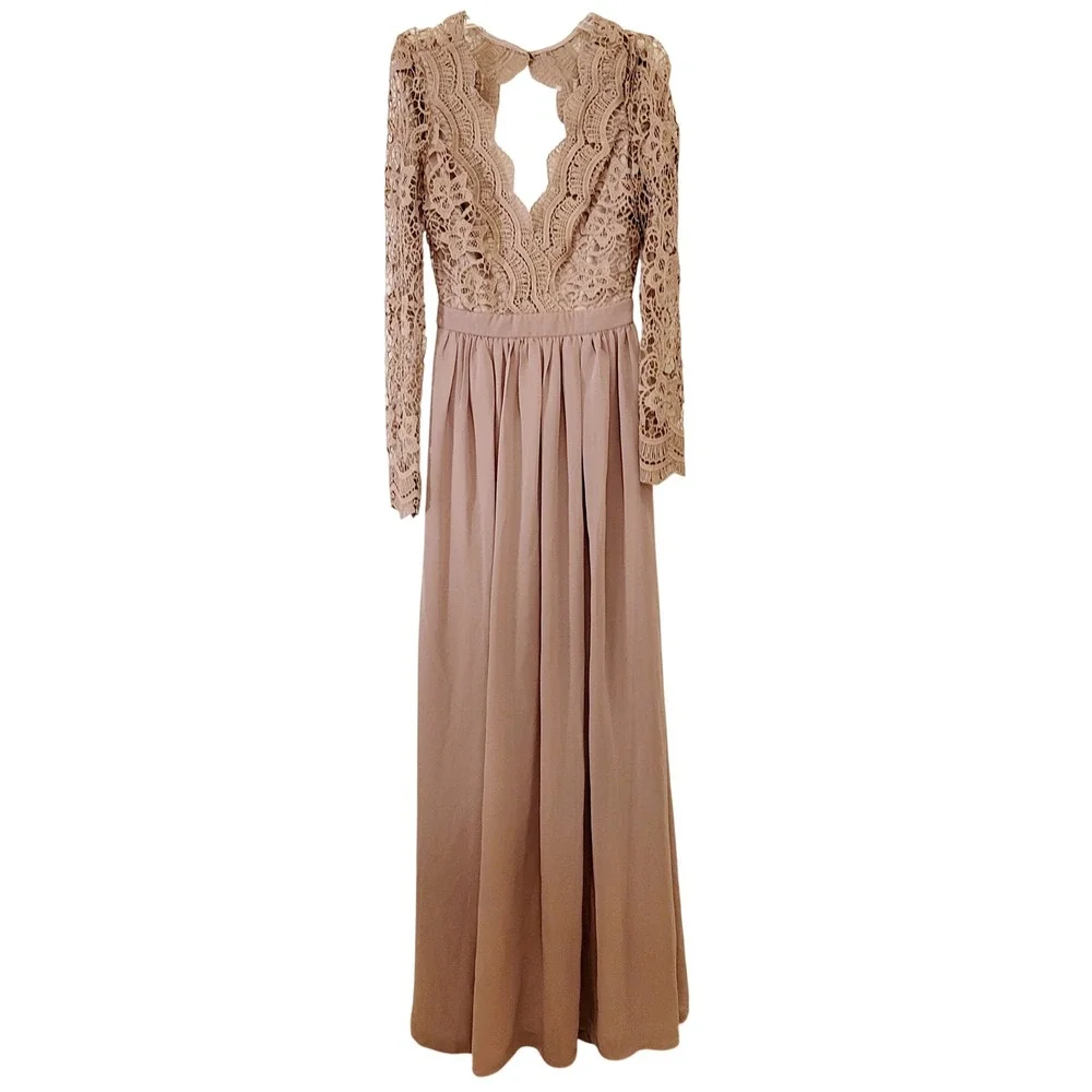 maniju tan lace long sleeve cutout maxi dress formal event size s - Picture 1 of 10